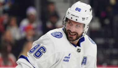 Tampa Bay Lightning's Nikita Kucherov celebrates his goal during the first period of an NHL hockey game against the Philadelphia Flyers, Saturday, Jan. 10, 2026, in Philadelphia. (AP Photo/Derik Hamilton)