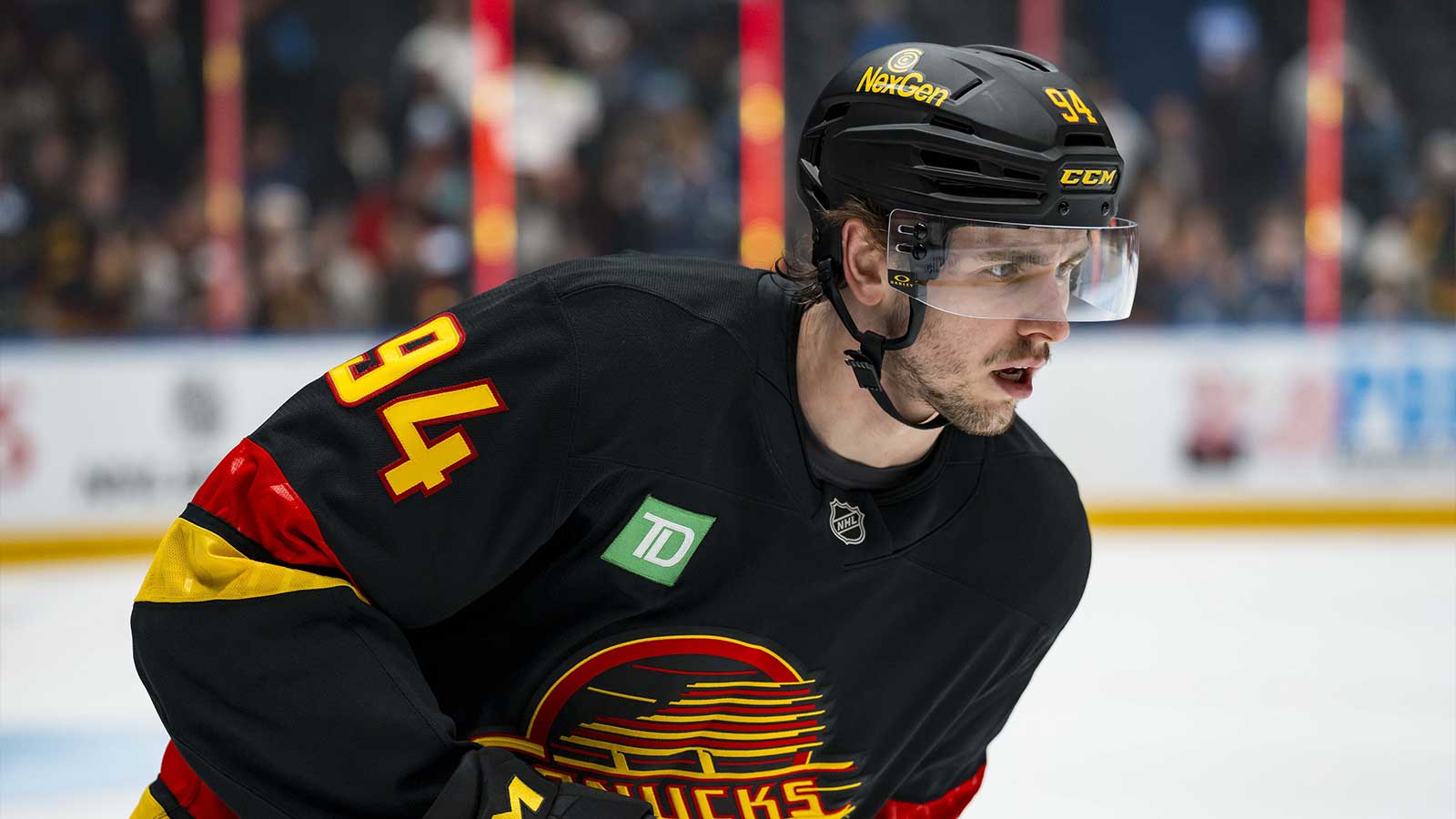 Vancouver Canucks forward Linus Karlsson (94) skates in warm up prior to a game against the Boston Bruins at Rogers Arena.