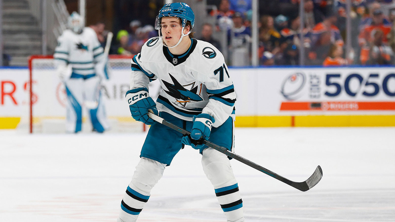 San Jose Sharks forward Macklin Celebrini (71) follows the play against the Edmonton Oilers at Rogers Place.