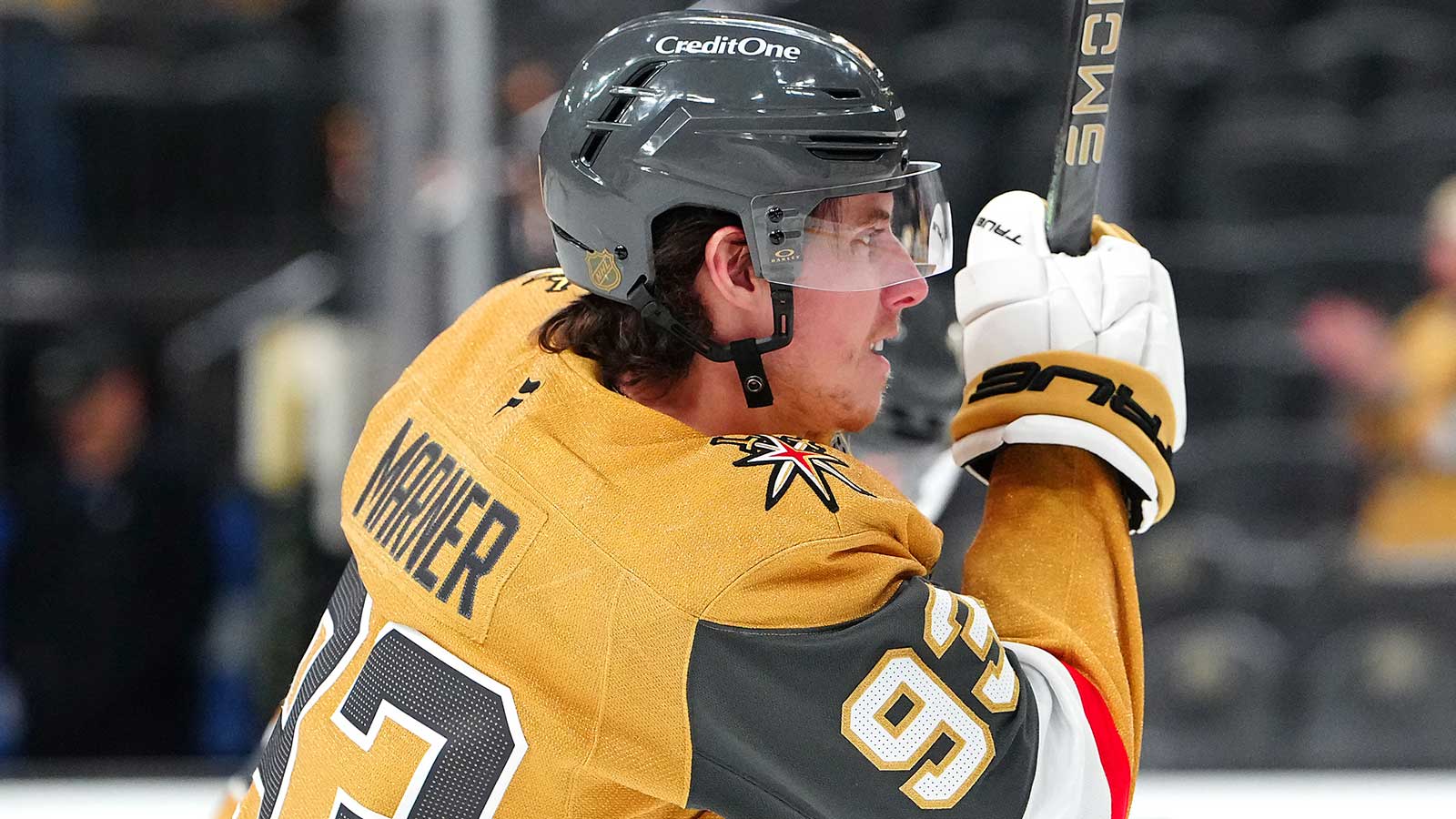 Vegas Golden Knights right wing Mitch Marner (93) warms up before a game against the Columbus Blue Jackets at T-Mobile Arena.