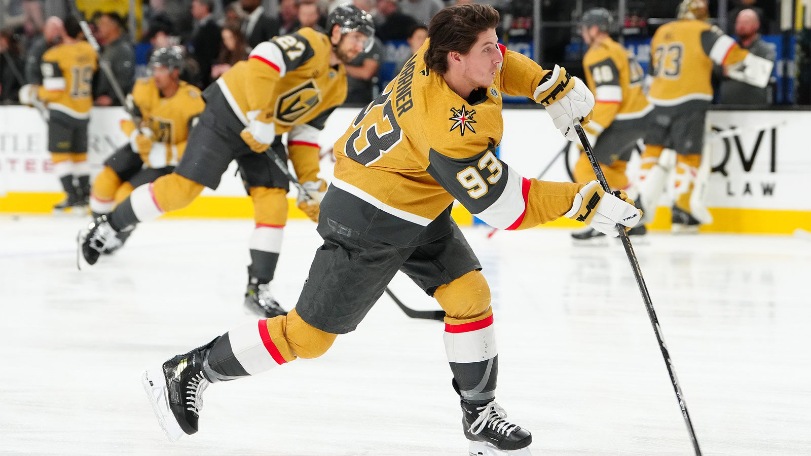 Vegas Golden Knights right wing Mitch Marner (93) warms up before a game against the Toronto Maple Leafs at T-Mobile Arena.