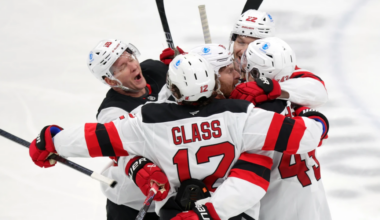 New Jersey Devils Cody Glass, Ondrej Palat, Brett Pesce, Connor Brown and Luke Hughes celebrate Hughes' third-period game-winning goal against the Columbus Blue Jackets.