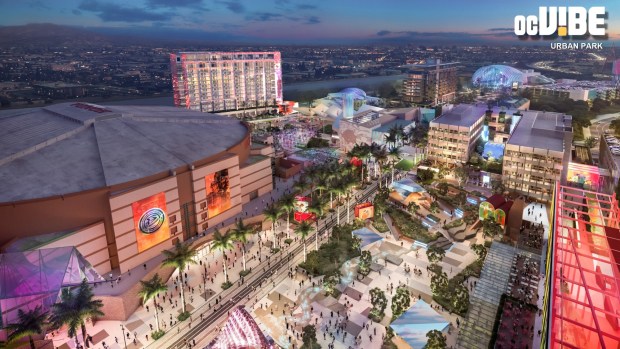 OC Vibe, a mixed-use district planned around the Honda Center, is intended to draw people for work and entertainment. (Courtesy of OC Vibe)