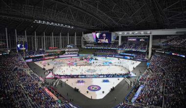 Panthers and Rangers play outdoor hockey game in Miami, replete with snow and fire