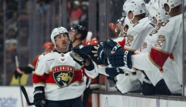 Florida Panthers left wing Brad Marchand (63) celebrates his goal with the bench during the first period of an NHL hockey game against the Anaheim Ducks, Tuesday, Nov. 4, 2025, in Anaheim, Calif.