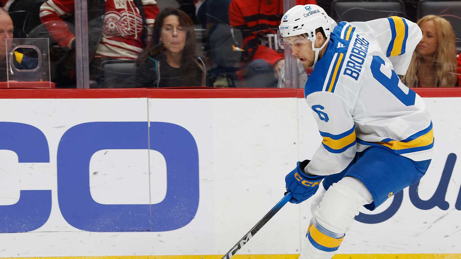 St. Louis Blues defenseman Philip Broberg (6) skates with the puck in the second period against the Detroit Red Wings at Little Caesars Arena.
