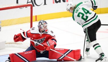 Washington Capitals goaltender Logan Thompson (48) and Dallas Stars center Roope Hintz (24) battle for the puck during the third period of an NHL hockey game, Wednesday, Jan. 7, 2026, in Washington. (AP Photo/Nick Wass)