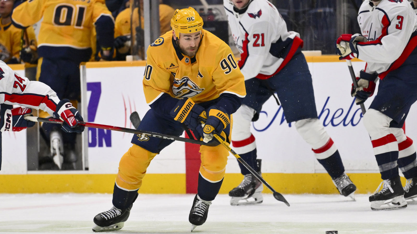 Nashville Predators center Ryan O'Reilly (90) chases after the puck against the Washington Capitals during the third period at Bridgestone Arena