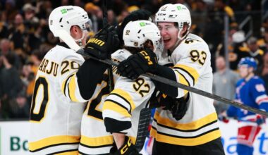 BOSTON, MA - JANUARY 10: Fraser Minten #93 of the Boston Bruins celebrates Marat Khusnutdinov #92 of the Boston Bruins after scoring his hat-trick goal during the game between the Boston Bruins and the New York Rangers on January 10, 2026, at TD Garden in Boston, MA. (Photo by Summer Lamont/Icon Sportswire)