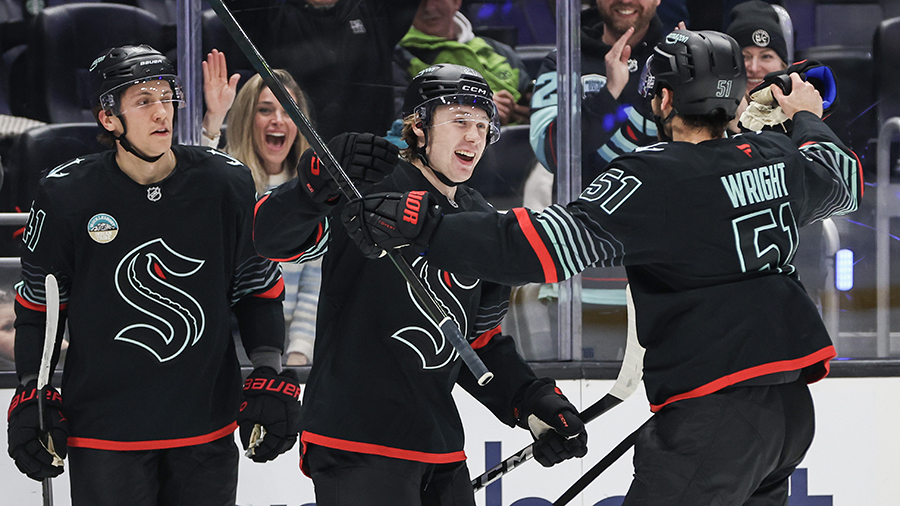 Seattle Kraken Berkly Catton first career goal celebration Boston Bruins 2026...