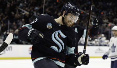 Seattle Kraken Shane Wright celebrates goal Toronto Maple Leafs 2026...