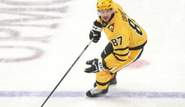 Team Canada forward Sidney Crosby (87) skates in the warmup period during a 4 Nations Face-Off ice hockey game against Team United States at the Bell Centre.
