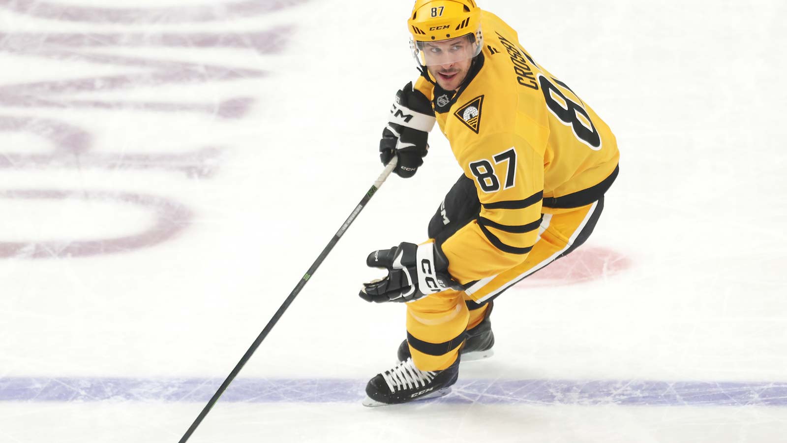 Team Canada forward Sidney Crosby (87) skates in the warmup period during a 4 Nations Face-Off ice hockey game against Team United States at the Bell Centre.