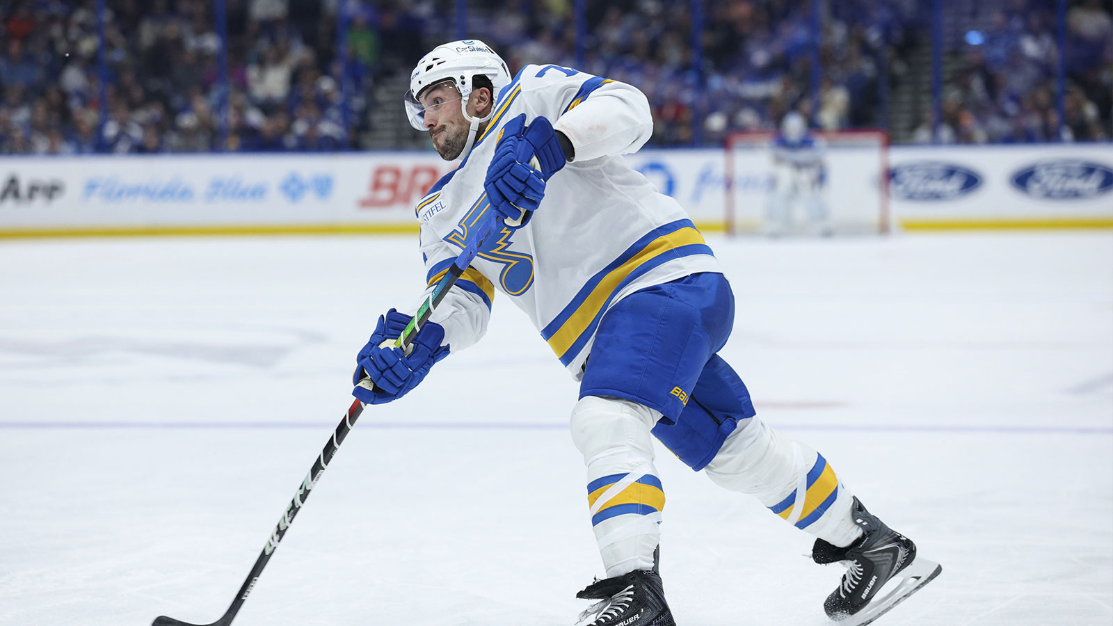 Blues defenseman Justin Faulk (72) shoots the puck against the Tampa Bay Lightning in the second period at Benchmark International Arena.