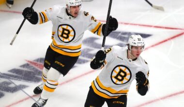 Young Bruins center Fraser Minten (right), celebrating with winger Alex Steeves one of his two goals against the Rangers on Jan. 10, has picked up his offense in the new year.