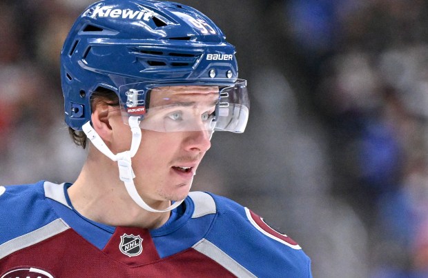 Victor Olofsson (95) of the Colorado Avalanche awaits a face-off against the Anaheim Ducks during the first period at Ball Arena on Tuesday, Nov. 11, 2025. (Photo by AAron Ontiveroz/The Denver Post)