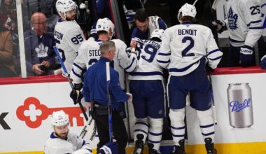 Maple Leafs' Nick Robertson injured blocking shot
