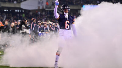 Dec 26, 2024; Chicago, Illinois, USA; Chicago Bears cornerback Kyler Gordon (6) enters the field before the game against the Seattle Seahawks at Soldier Field.