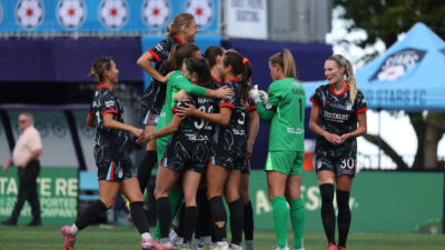 Sep 7, 2025; Evanston, Illinois, USA; The Chicago Stars FC celebrate a win over the Orlando Pride at Northwestern Medicine Field at Martin Stadium.