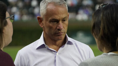 Sep 23, 2025; Chicago, Illinois, USA; Chicago Cubs president Jed Hoyer talks to the press before a game against the New York Mets at Wrigley Field. Mandatory Credit: David Banks-Imagn Images