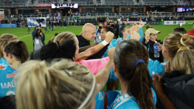 Oct 10, 2025; Louisville, Kentucky, USA; Chicago Stars FC players and staff huddle after the game against Racing Louisville FC at Lynn Family Stadium.
