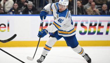 Blues' Dylan Holloway Had MRI, Remains Day-To-Day