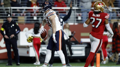 Dec 28, 2025; Santa Clara, California, USA; Chicago Bears tight end Colston Loveland (84) celebrates after scoring a touchdown against the San Francisco 49ers in the first half at Levi's Stadium.