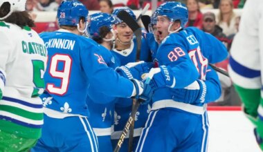 Jan 3, 2026; Raleigh, North Carolina, USA; Colorado Avalanche left wing Gabriel Landeskog (92) celebrates with center Martin Necas (88), defenseman Samuel Girard (49) and center Nathan MacKinnon (29) after scoring a goal against the Carolina Hurricanes during the second period at Lenovo Center. Mandatory Credit: James Guillory-Imagn Images