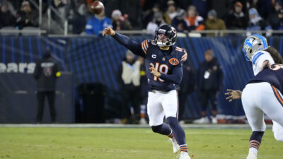 Jan 4, 2026; Chicago, Illinois, USA; Chicago Bears quarterback Caleb Williams (18) passes the ball against the Detroit Lions during the second half at Soldier Field.