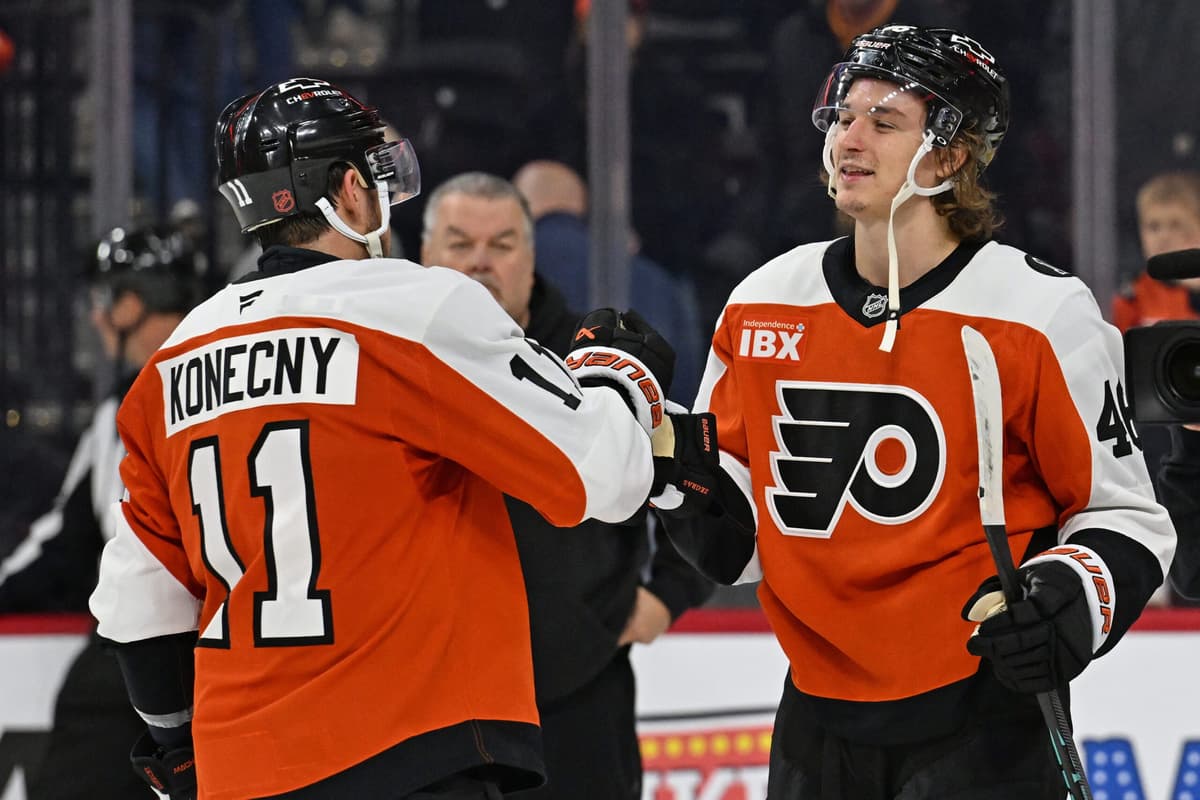 Flyers’ Zegras reacts after scoring twice against Ducks