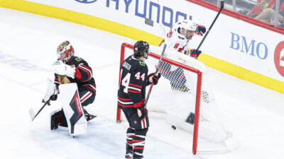 Jan 9, 2026; Chicago, Illinois, USA; Washington Capitals left wing Alex Ovechkin (8) celebrates after scoring against the Chicago Blackhawks during the third period at United Center.