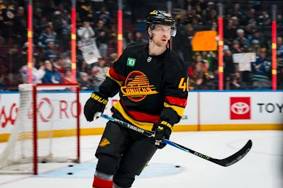 Vancouver Canucks forward Elias Pettersson reacts during 2025 game.