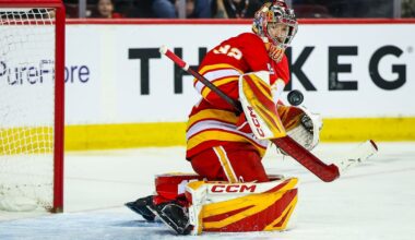 Flames goaltender Dustin Wolf missed scoring his first NHL goal by a few feet