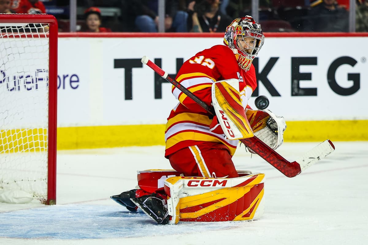 Flames goaltender Dustin Wolf missed scoring his first NHL goal by a few feet
