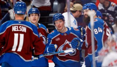 Colorado Avalanche left wing Victor Olofsson (95) celebrates his goal with defenseman Josh Manson (42) and defenseman Brent Burns (84) and center Brock Nelson (11) in the second period against the Washington Capitals at Ball Arena. Mandatory Credit: Isaiah J. Downing-Imagn Images