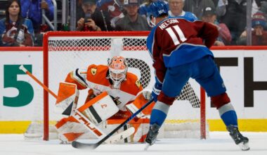 Colorado Avalanche center Brock Nelson (11) controls the puck as Anaheim Ducks goaltender Lukas Dostal (1) defends in the shootout at Ball Arena. Mandatory Credit: Isaiah J. Downing-Imagn Images