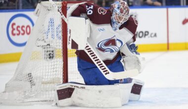 Colorado Avalanche goaltender MacKenzie Blackwood (39) makes a save against the Toronto Maple Leafs during the first period at Scotiabank Arena. Mandatory Credit: John E. Sokolowski-Imagn Images