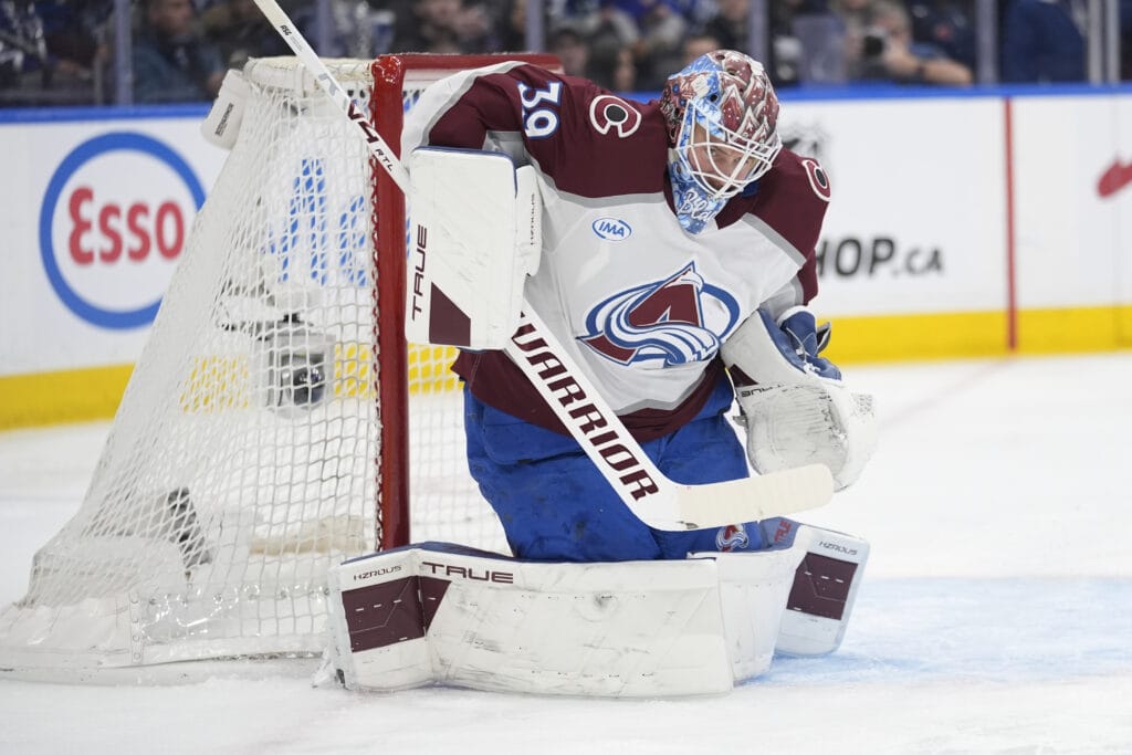 Colorado Avalanche goaltender MacKenzie Blackwood (39) makes a save against the Toronto Maple Leafs during the first period at Scotiabank Arena. Mandatory Credit: John E. Sokolowski-Imagn Images