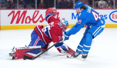 Montreal Canadiens goalie Jakub Dobes (75) stops Colorado Avalanche defenseman Samuel Girard (49) during the second period at the Bell Centre. Mandatory Credit: Eric Bolte-Imagn Images