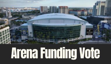 Aerial view of Benchmark International Arena in downtown Tampa ahead of a Hillsborough County vote on expanded public funding for renovations.