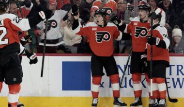 Flyers Trevor Zegras celebrates his first goal of the game in the first period of the Anaheim Ducks vs. Philadelphia Flyers NHL game at Xfinity Mobile Arena in Philadelphia on Tuesday, Jan. 6, 2026.