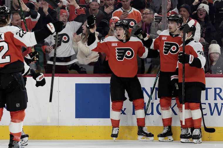 Flyers Trevor Zegras celebrates his first goal of the game in the first period of the Anaheim Ducks vs. Philadelphia Flyers NHL game at Xfinity Mobile Arena in Philadelphia on Tuesday, Jan. 6, 2026.