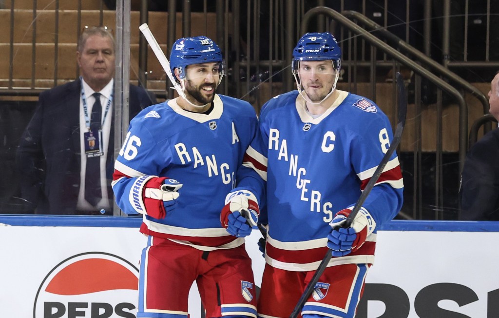 Vincent Trocheck (left), who picked up an unsportsmanlike penalty earlier in the game, was all smiles after celebrating his goal with J.T. Miller during the third period of the Rangers' 5-2 loss to the Sabres on Jan. 8, 2025 at Madison Square Garden.