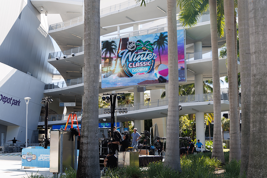 The outside signage of LoanDepot Park in Miami before the 2026 Discover NHL Winter Classic, Friday, Jan. 2, 2026.