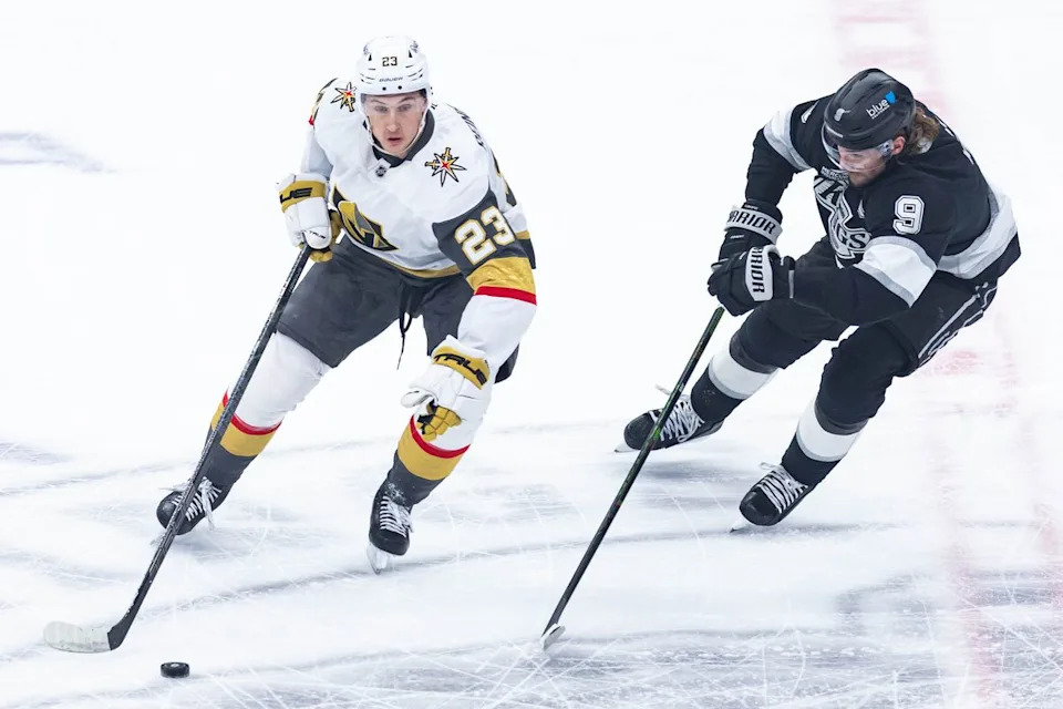 Vegas Golden Knights left wing Cole Reinhardt (23) defends the puck during an NHL match against the Los Angeles Kings on January 14, 2025 in Los Angeles, Calif.