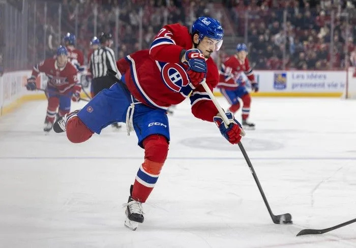  Montreal Canadiens’ Arber Xhekaj takes a shot on the Vancouver Canucks’ net during the first period at the Bell Centre in Montreal on Monday January 12, 2026.