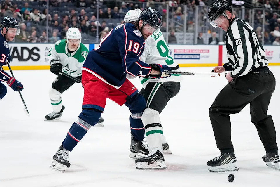 Blue Jackets center Adam Fantilli (19) won 16 of his 24 faceoffs against the Stars.