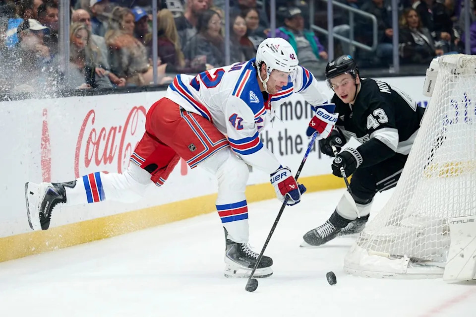 The Los Angeles Kings Defender Jacob Moverare (43) skates to defend against the New York Rangers at the Crypto Arena on January 20th, 2026 in Los Angeles California.