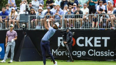 PGA golfer Akshay Bhatia hits the ball from the first tee