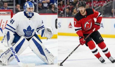 A split photograph shows two NHL players on the ice. On the left side, a Toronto Maple Leafs goaltender wearing a white jersey with the number 41 is in a butterfly stance in front of the net. On the right side, a New Jersey Devils skater wearing a red jersey with the number 7 is skating with the puck.